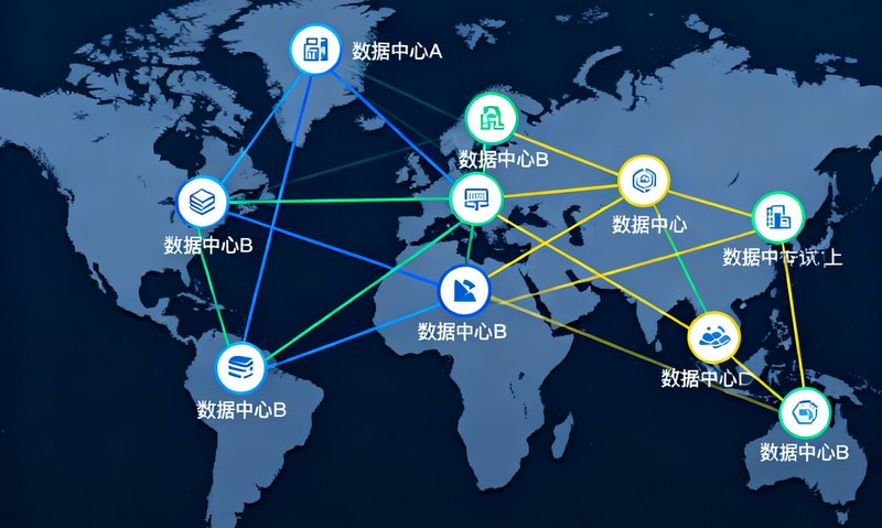 技术博客配图，展示数据传输架构示意图，用彩色线条连接全球地图上的各个数据节点